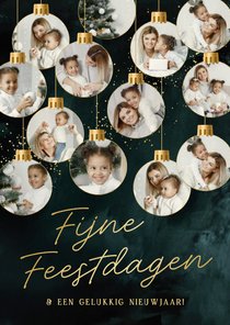 Kerstkaart fotocollage met 13 kerstballen teal goud