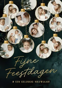 Kerstkaart fotocollage met 13 kerstballen teal goud