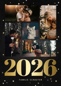 Kerstkaart fotocollage met gouden 2026 en sterren