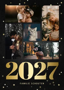 Kerstkaart fotocollage met gouden 2027 en sterren