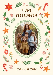Kerstkaart fotokaart kerstster hulst besjes oranje groen