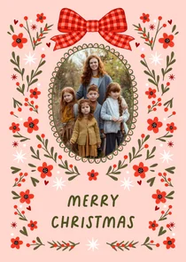 Kerstkaart fotokaart strik bloemen rood roze