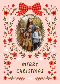 Kerstkaart fotokaart strik bloemen rood roze
