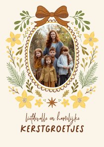 Kerstkaart fotokaart strik vintage bloemen geel