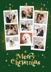 Kerstkaart fotostrips merry christmas goud sterren 