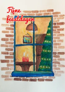 Kerstkaart gluren door het raam