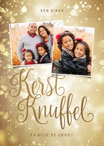 Kerstkaart goudlook kerstknuffel met 2 foto's