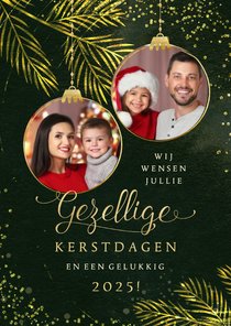 Kerstkaart goudlook sprankelend fotocollage kerstballen