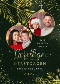 Kerstkaart goudlook sprankelend fotocollage kerstballen