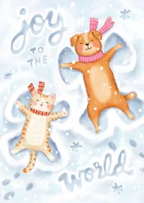 Kerstkaart grappig sneeuw hond kat joy to the world winter