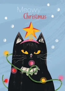 Kerstkaart grappige chagrijnige kerst kat
