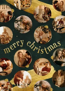 Kerstkaart groen goudlook speelse kerstballen met foto's