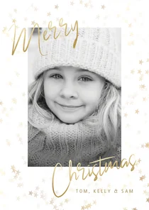 Kerstkaart grote foto, gouden sterren en "Merry Christmas"