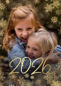 Kerstkaart grote foto met sneeuwkader en gouden 2026