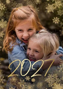 Kerstkaart grote foto met sneeuwkader en gouden 2027