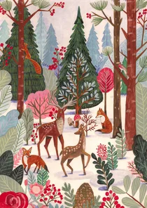  Kerstkaart hert en vos in het bos met sneeuw