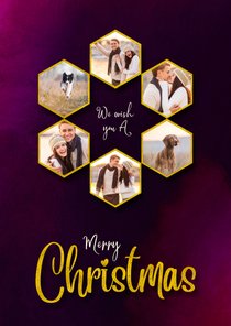 Kerstkaart hexagon gouden fotocollage op warm cherry