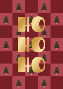 Kerstkaart ho ho ho blokjespatroon met kerstbomen