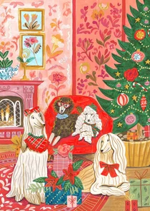 Kerstkaart honden kerstboom gezellig illustratie