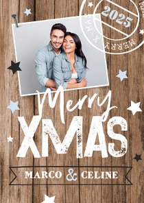 Kerstkaart houtlook typografie foto sterren stempel hout