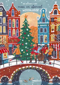 Kerstkaart huizen in Amsterdam in de sneeuw