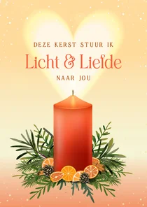 Kerstkaart illustratie brandende kaars met lichtgevend hart