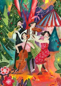 Kerstkaart illustratie kerstbomen en muziek 