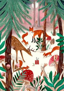 Kerstkaart illustratie woodland wonders bos dieren