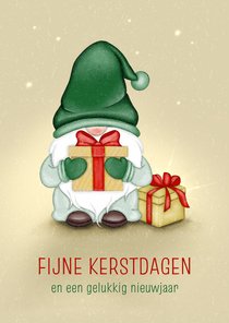 Kerstkaart kabouter met cadeautjes