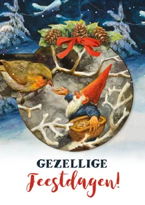 Kerstkaart kabouter voert roodborstje