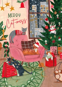 Kerstkaart kat kerstboom interieur illustratie