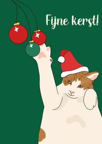 Kerstkaart kat met kerstballen