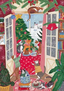 Kerstkaart katten gezellig in de woonkamer bij de kerstboom