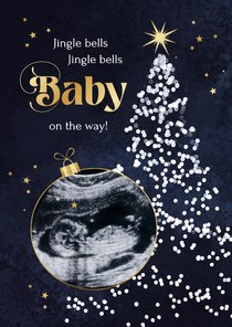 Kerstkaart kerstboom baby op komst sterren goud