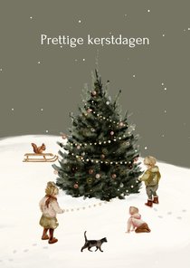 Kerstkaart kerstboom buiten kinderen sneeuw