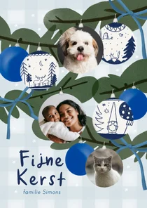 Kerstkaart kerstboom fotocollage kerstballen strikken