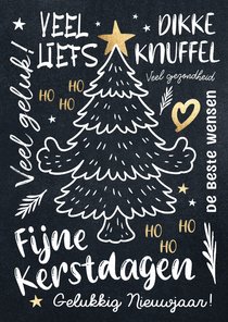 Kerstkaart kerstboom goud op krijtbord