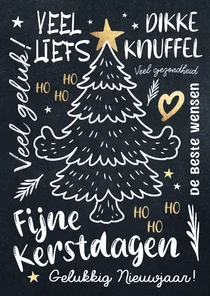 Kerstkaart kerstboom goud op krijtbord