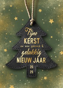 Kerstkaart kerstboom label goud groen sterren beste wensen