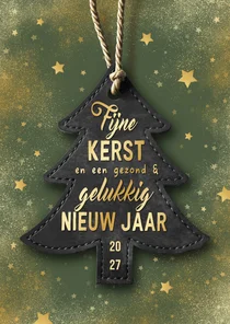 Kerstkaart kerstboom label goud groen sterren beste wensen