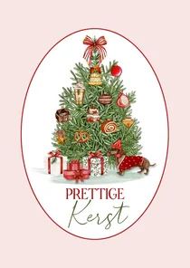 Kerstkaart kerstboom strik met hondje