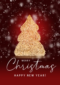 Kerstkaart kerstboom vuurvonken en sneeuw rood