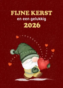 Kerstkaart kerstkabouter die hartjes rondstrooit