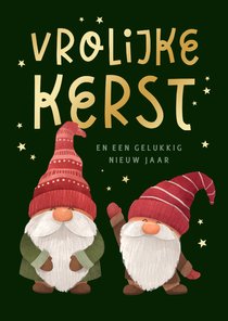 Kerstkaart kerstkabouters vrolijke kerst sterren goud hip