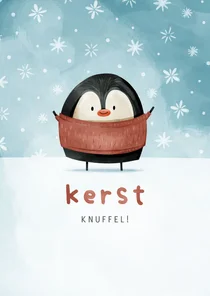 Kerstkaart kerstknuffel pinguïn met sneeuw