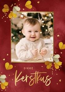 Kerstkaart kerstkus hartjes glitters goud foto