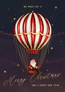 Kerstkaart kerstman in een luchtballon met sterren