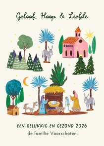 Kerstkaart kerststal met kindje Jezus en kerkje