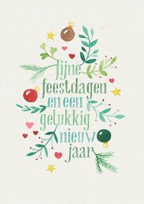 Kerstkaart kerstwens met aquarel twijgjes en kerstballen