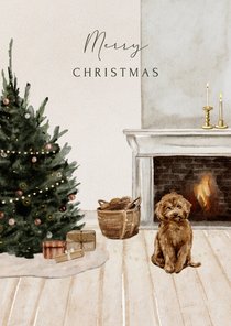 Kerstkaart labradoodle kerstboom haard cadeautjes